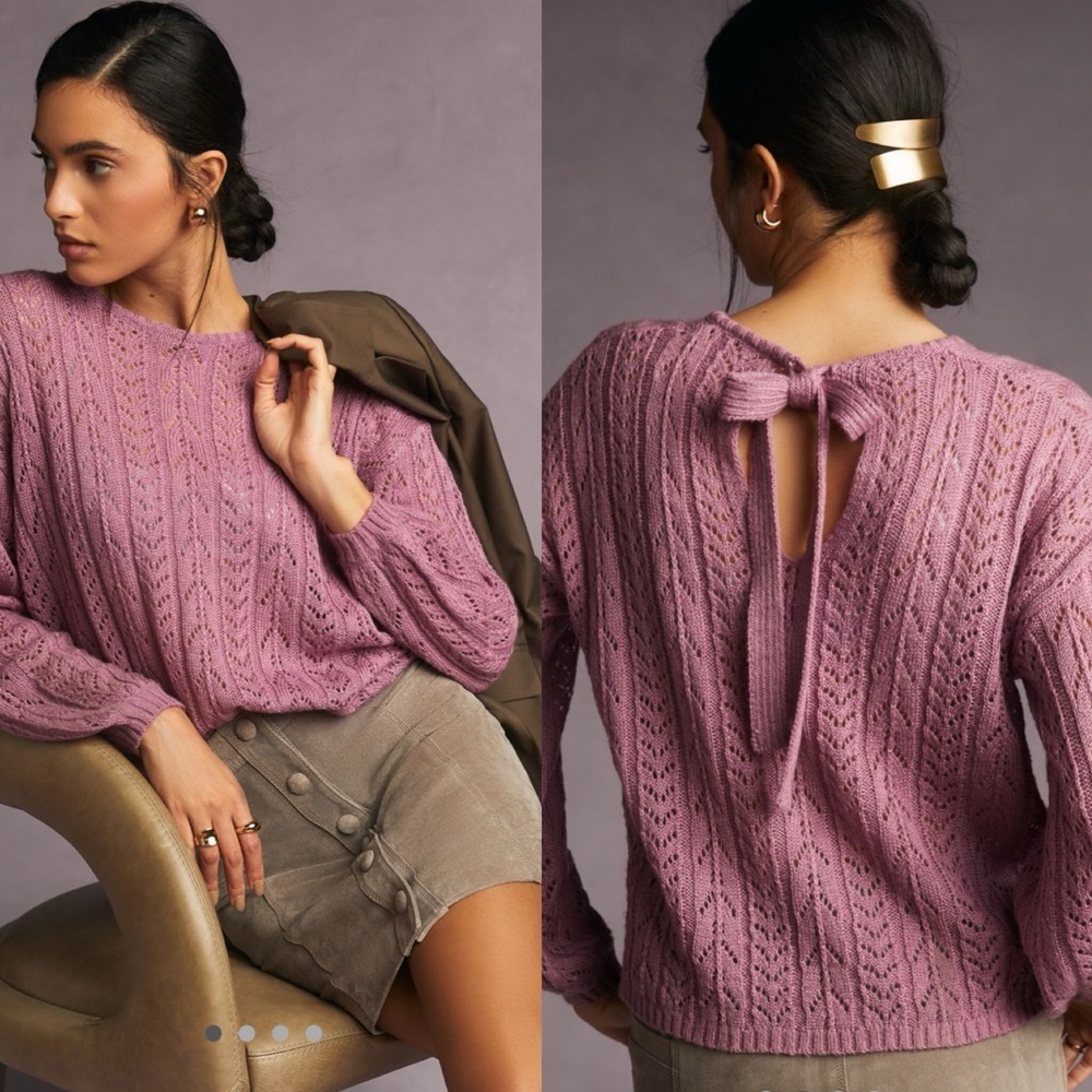 Anthropologie Bishop + Young Purple Lilac Pointelle Bow Back Sweater NWT Size S